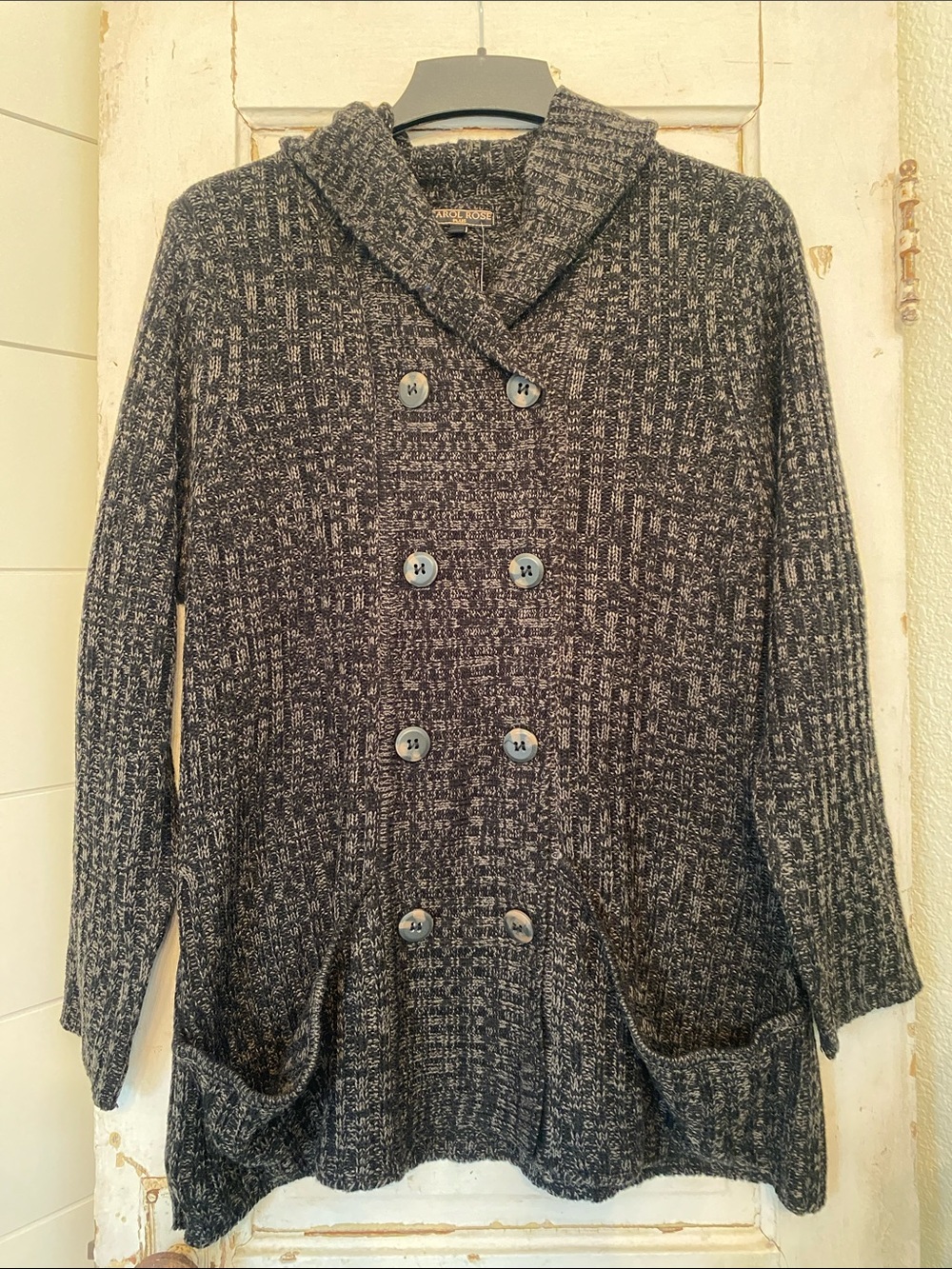 Carol Rose Black/Charcoal Marled Double-Breasted Shawl Collar Cardigan